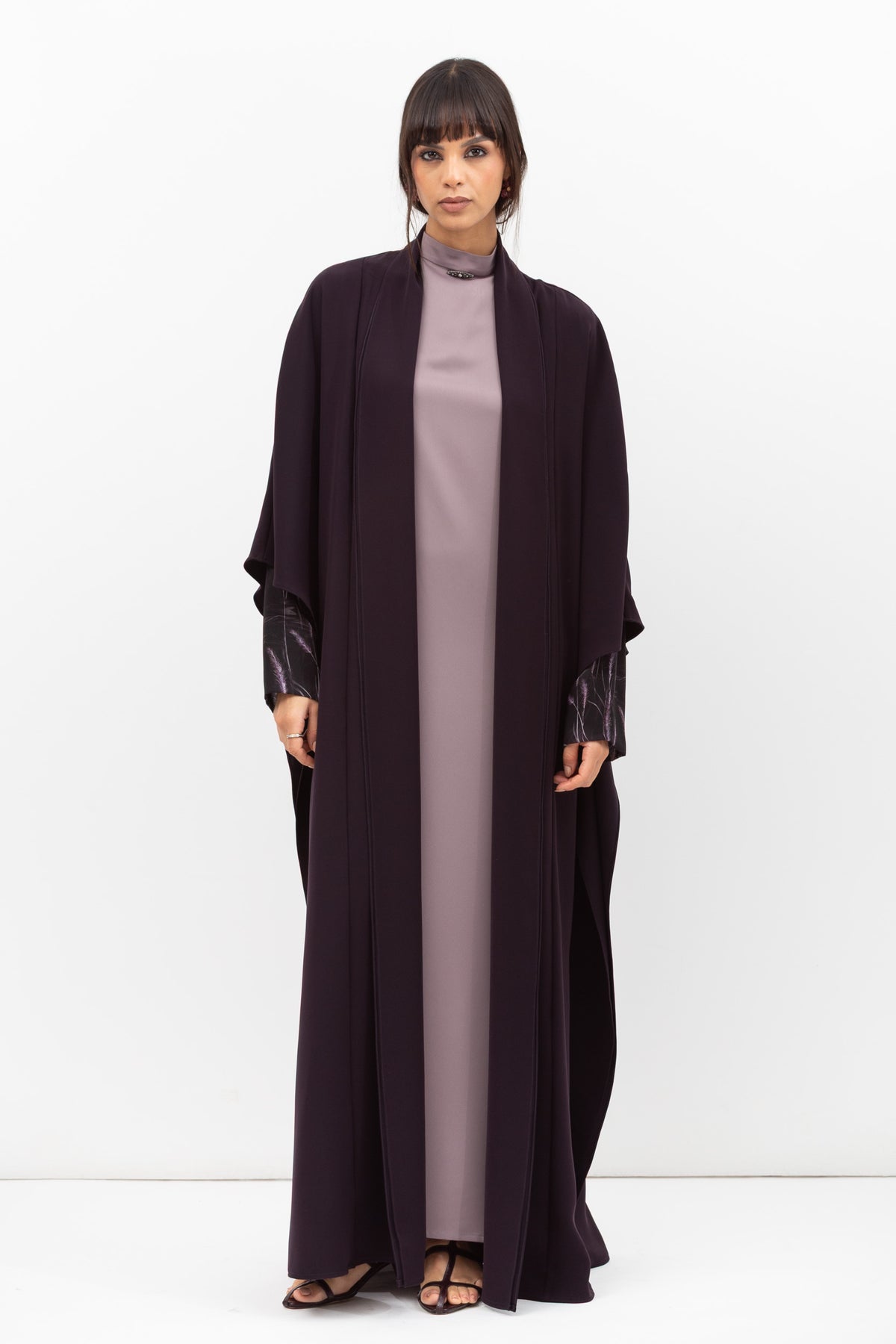 Double Flow Abaya with Printed Lining in Dark Purple RTW