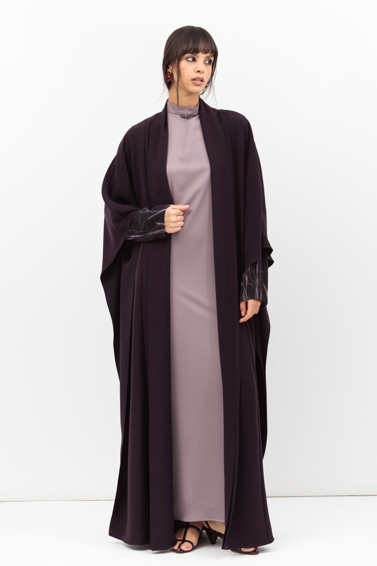 Double Flow Abaya with Printed Lining in Dark Purple RTW