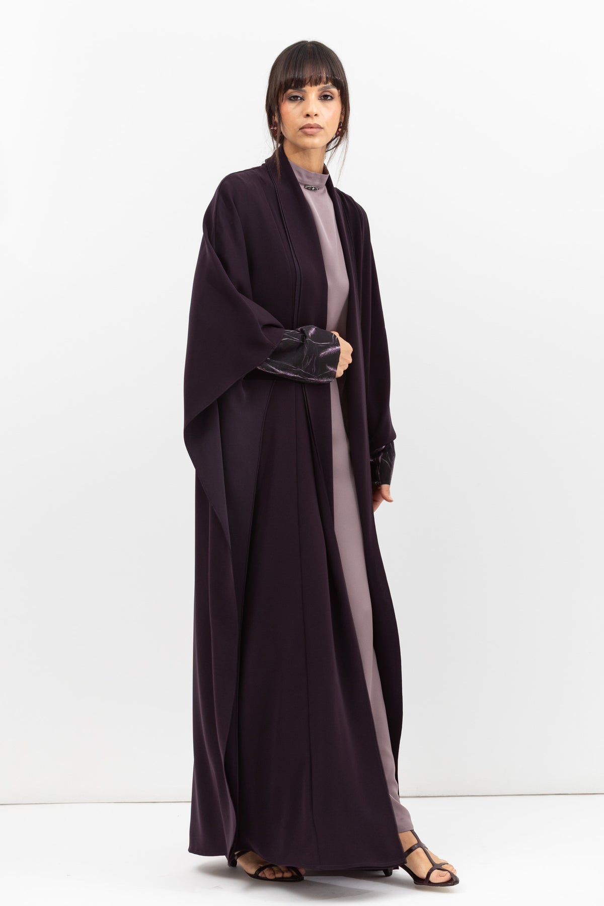 Double Flow Abaya with Printed Lining in Dark Purple RTW