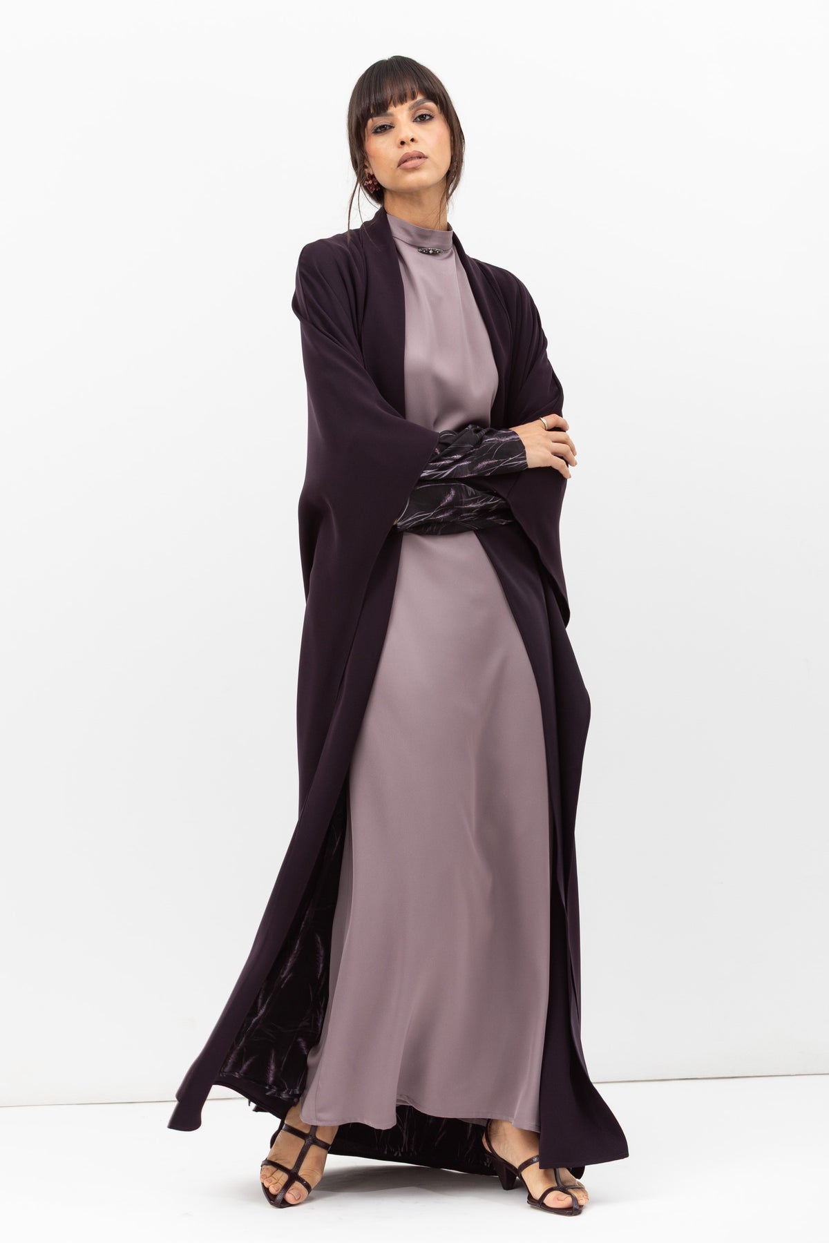 Double Flow Abaya with Printed Lining in Dark Purple RTW