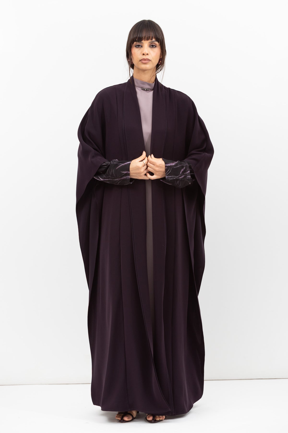 Double Flow Abaya with Printed Lining in Dark Purple