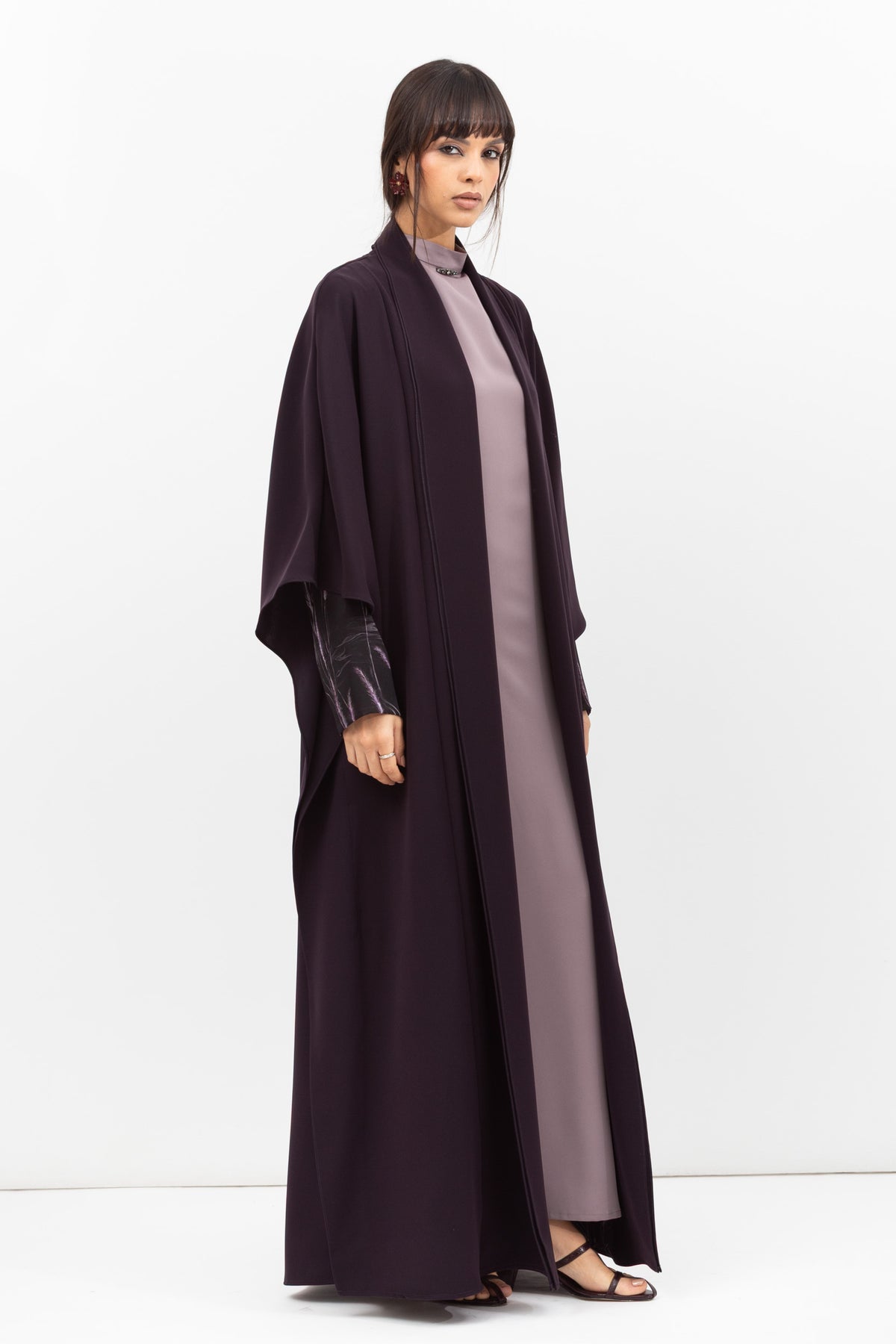 Double Flow Abaya with Printed Lining in Dark Purple