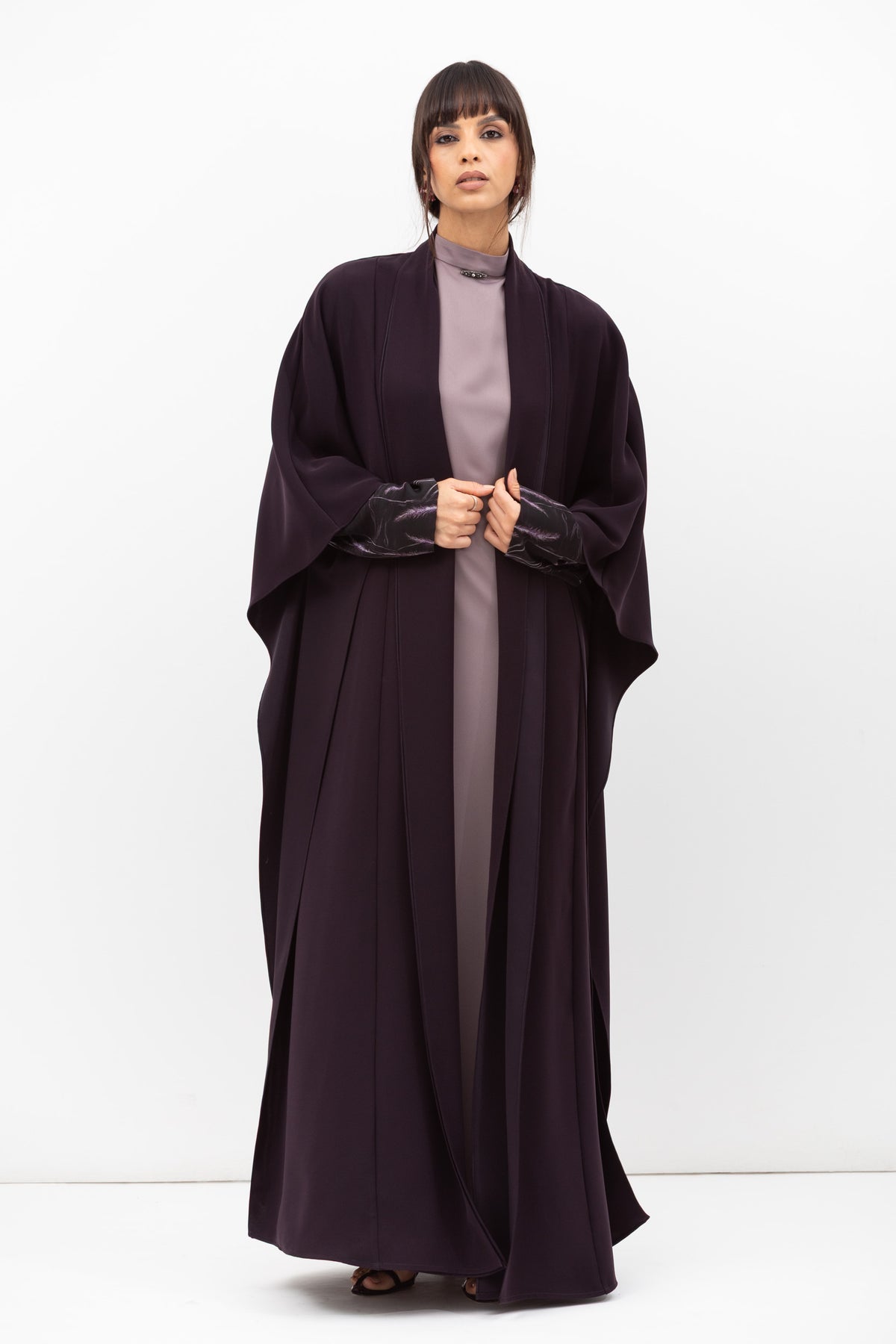Double Flow Abaya with Printed Lining in Dark Purple RTW