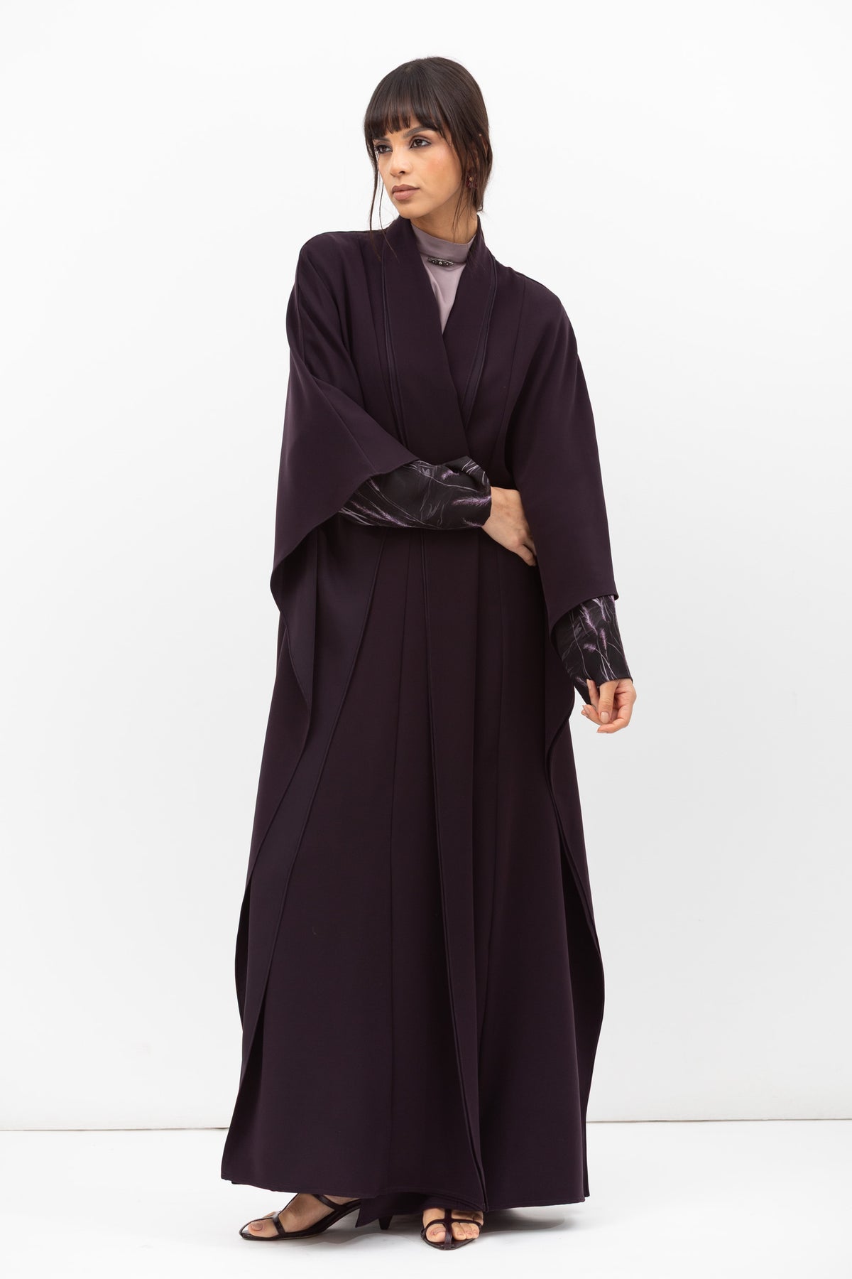 Double Flow Abaya with Printed Lining in Dark Purple RTW