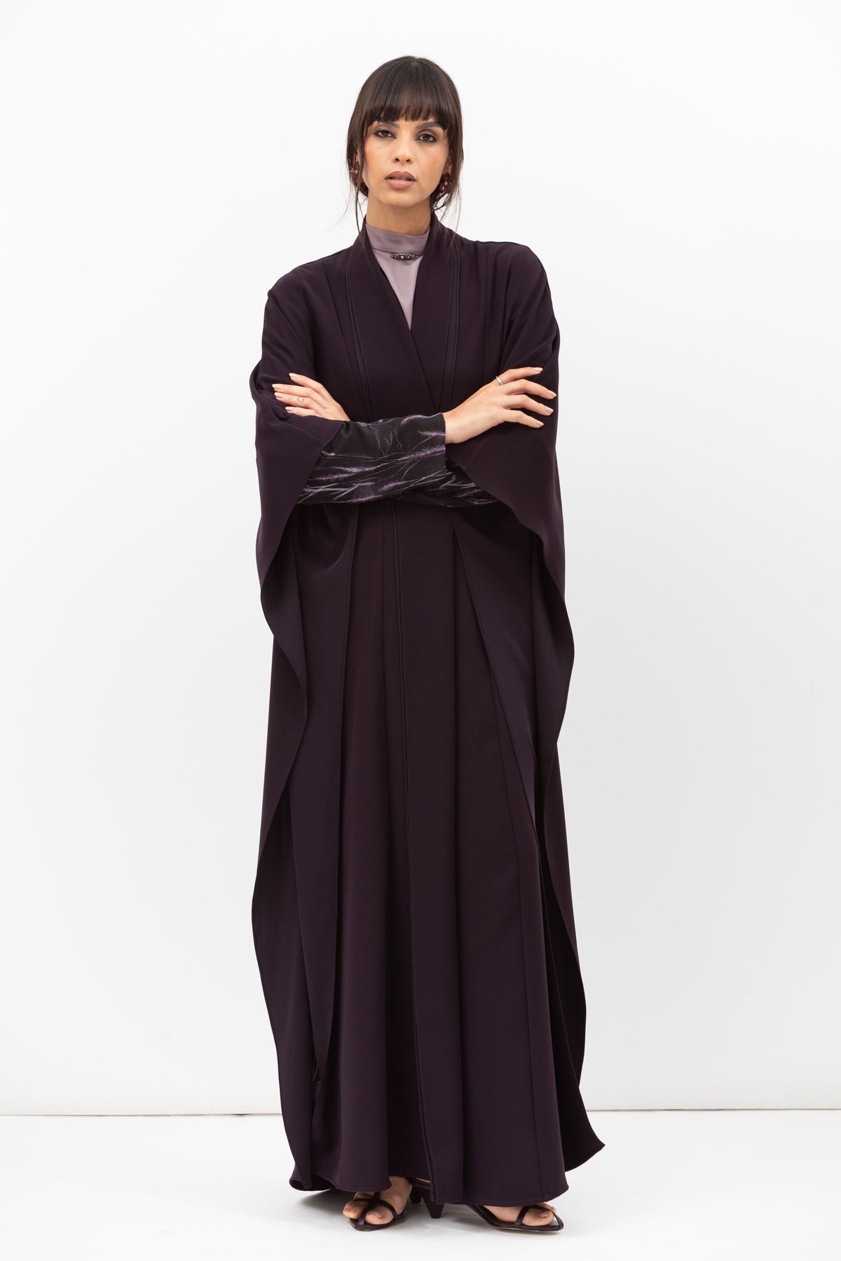 Double Flow Abaya with Printed Lining in Dark Purple RTW