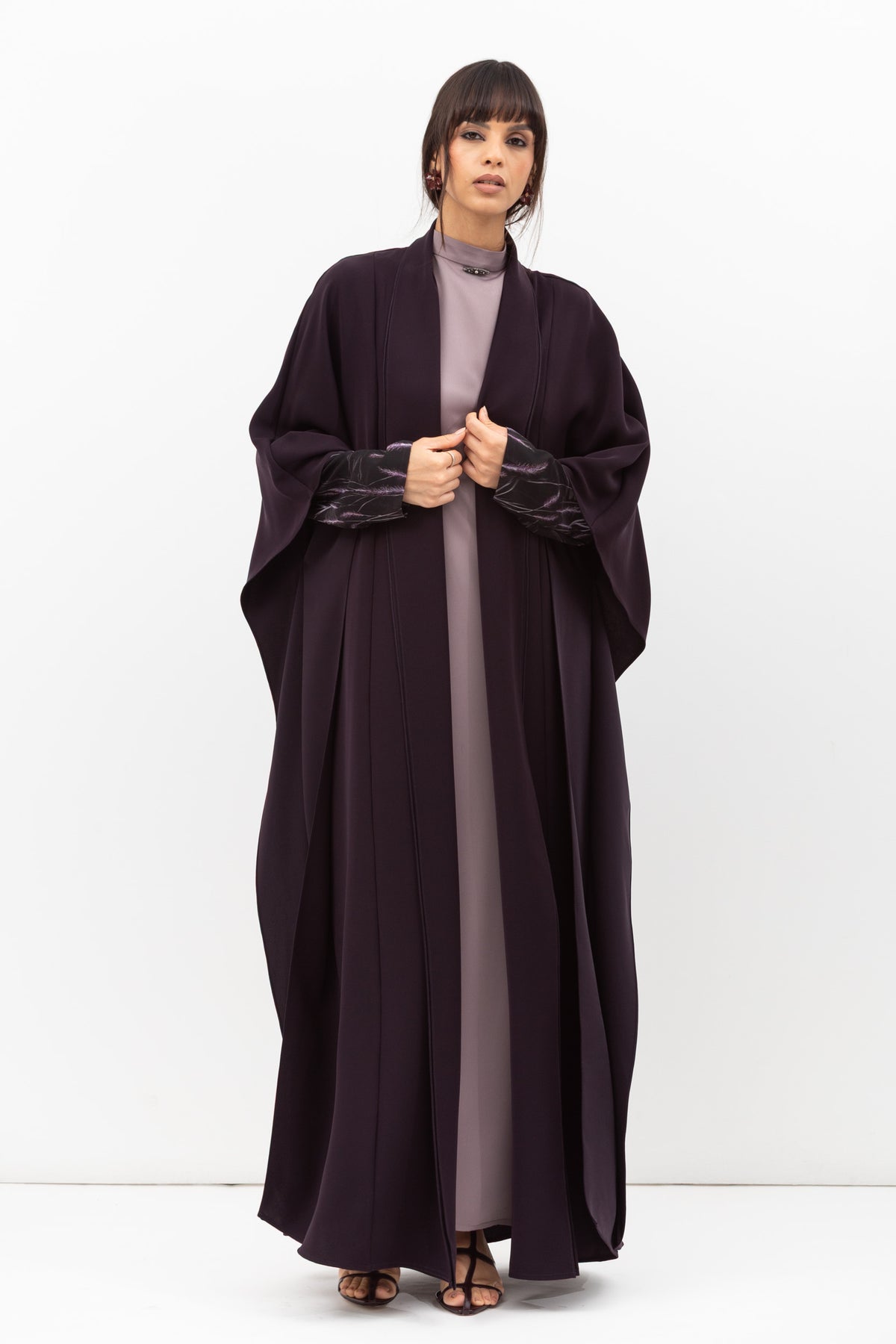 Double Flow Abaya with Printed Lining in Dark Purple RTW