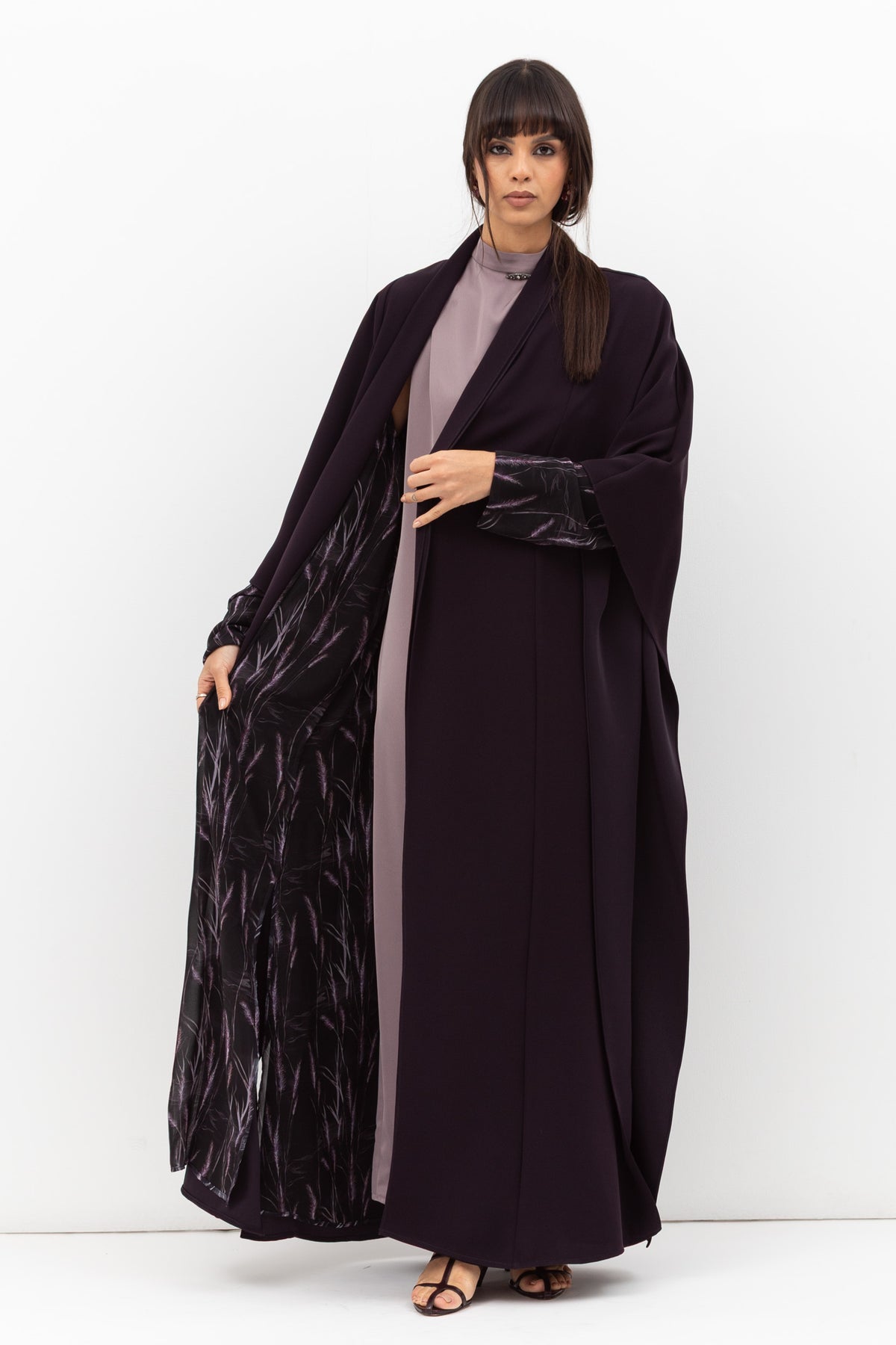 Double Flow Abaya with Printed Lining in Dark Purple RTW
