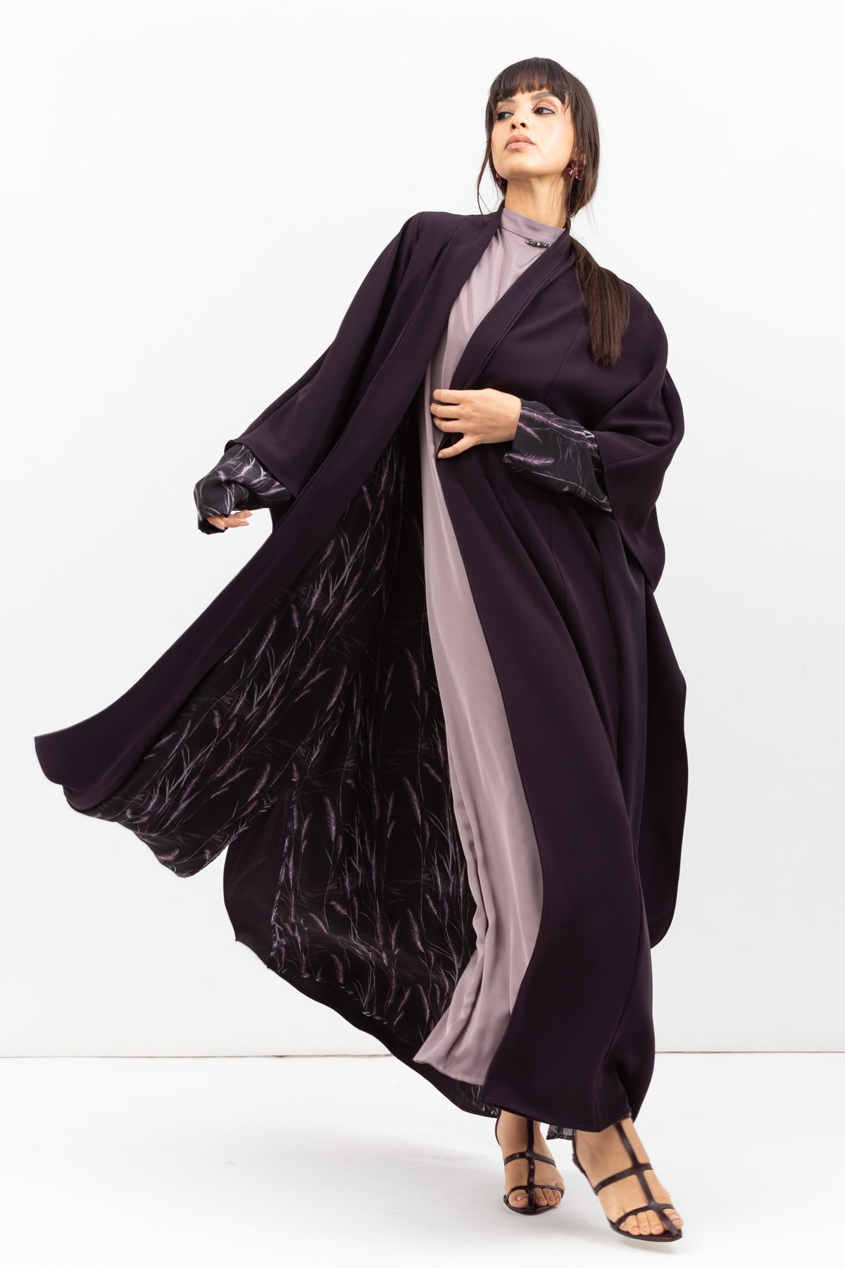 Double Flow Abaya with Printed Lining in Dark Purple RTW