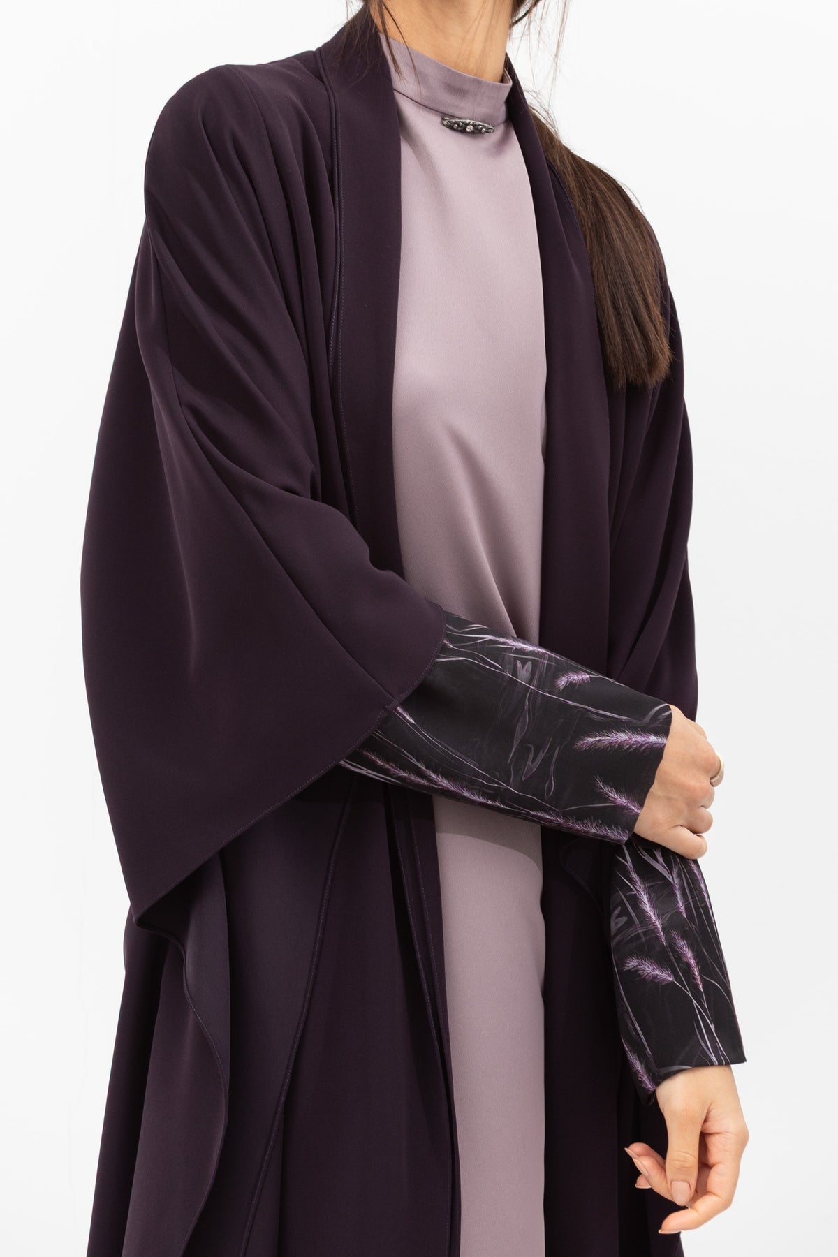 Double Flow Abaya with Printed Lining in Dark Purple RTW