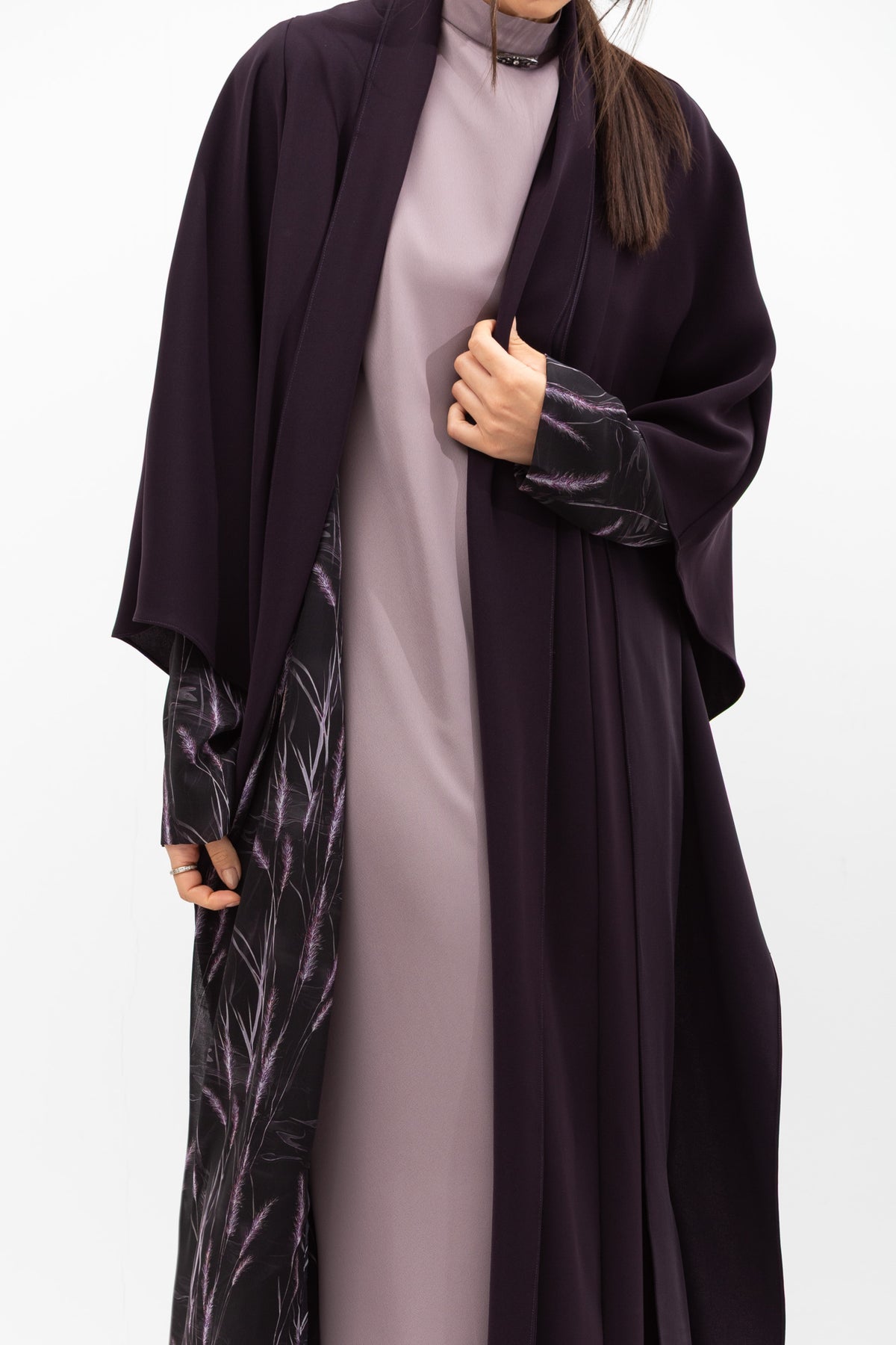 Double Flow Abaya with Printed Lining in Dark Purple RTW