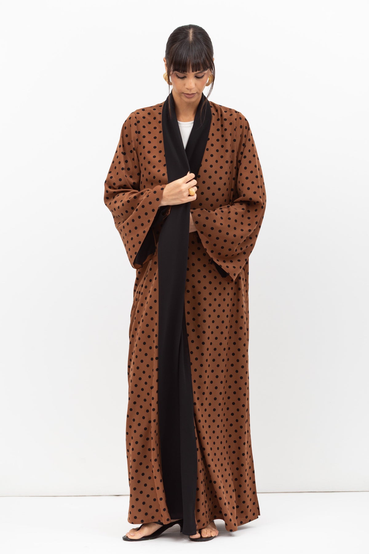 Fluid Shawl Lapel Abaya in Polka Dot Brown