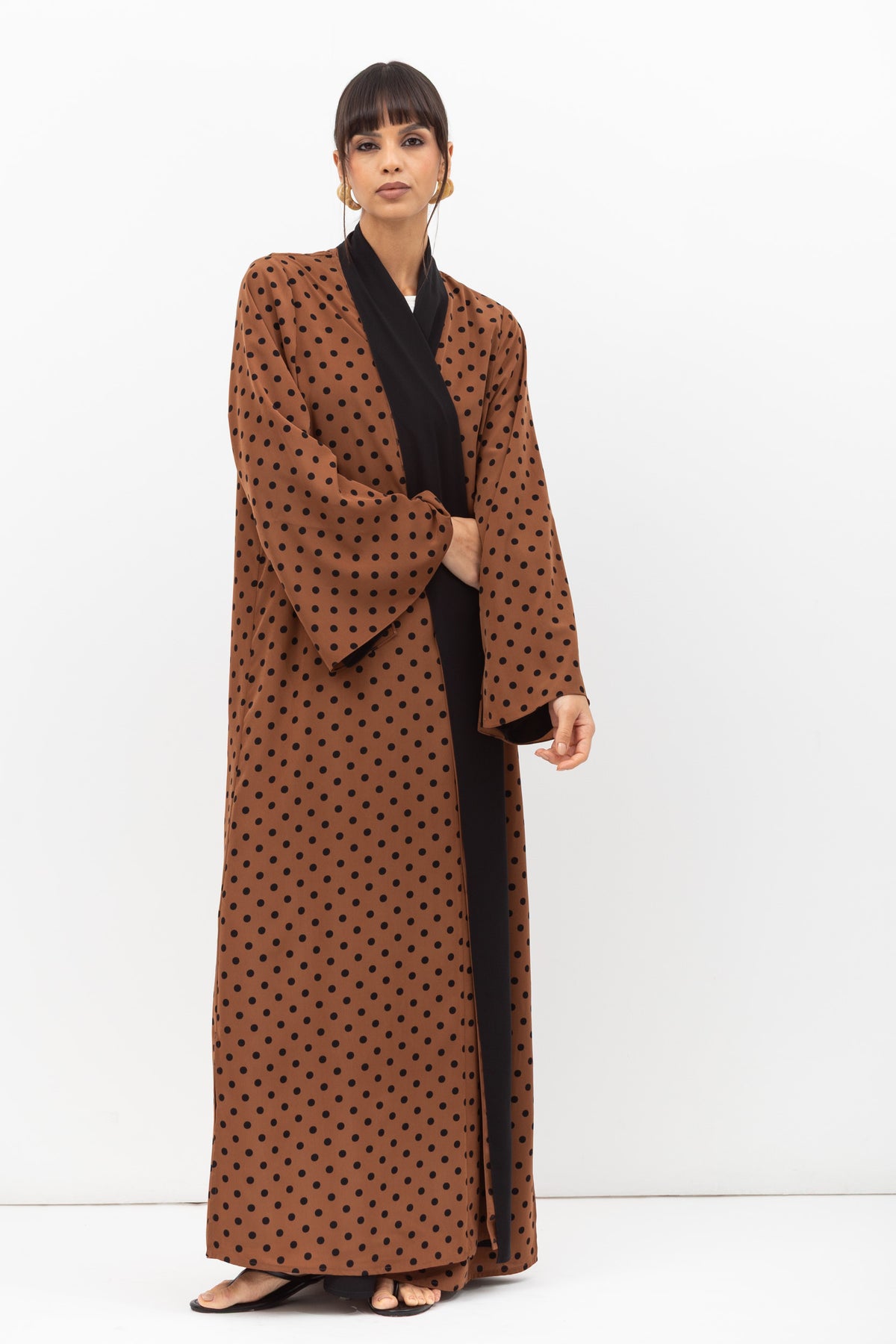 Fluid Shawl Lapel Abaya in Polka Dot Brown