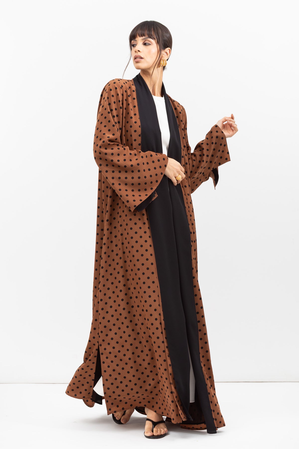 Fluid Shawl Lapel Abaya in Polka Dot Brown