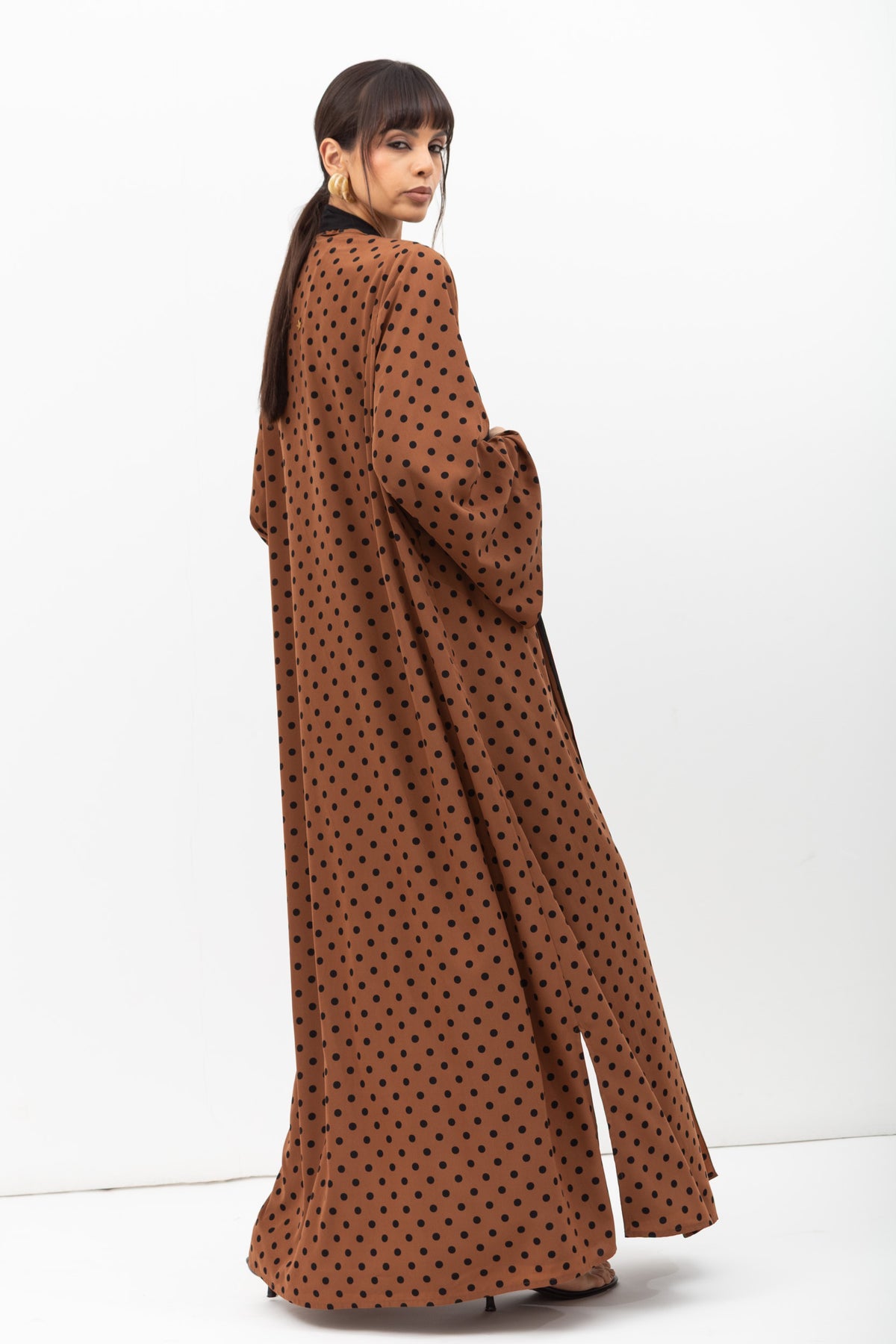 Fluid Shawl Lapel Abaya in Polka Dot Brown RTW