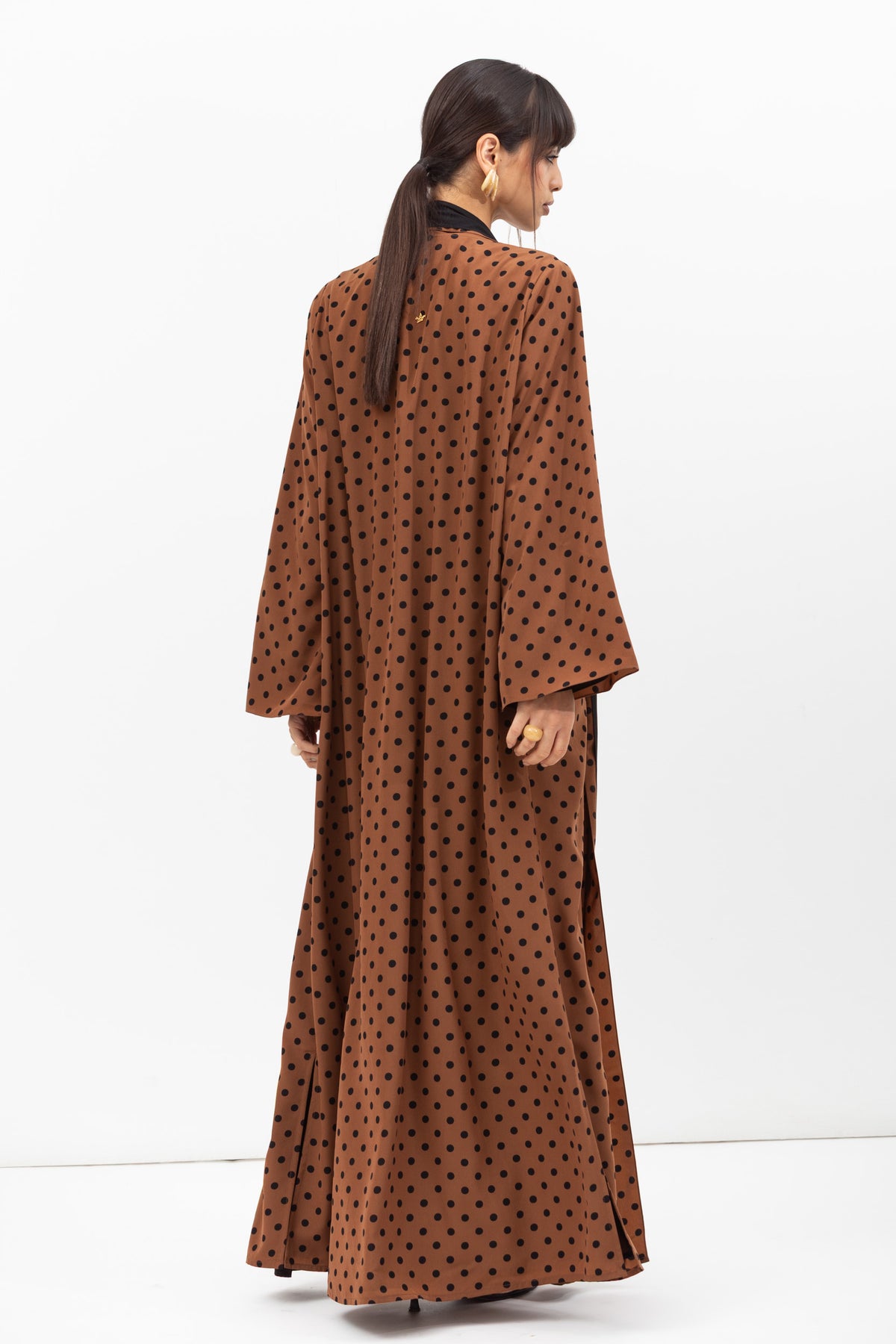 Fluid Shawl Lapel Abaya in Polka Dot Brown