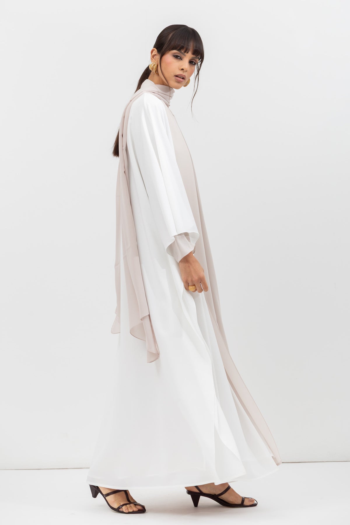 Double Flow Abaya with Beige Collar in Ivory RTW