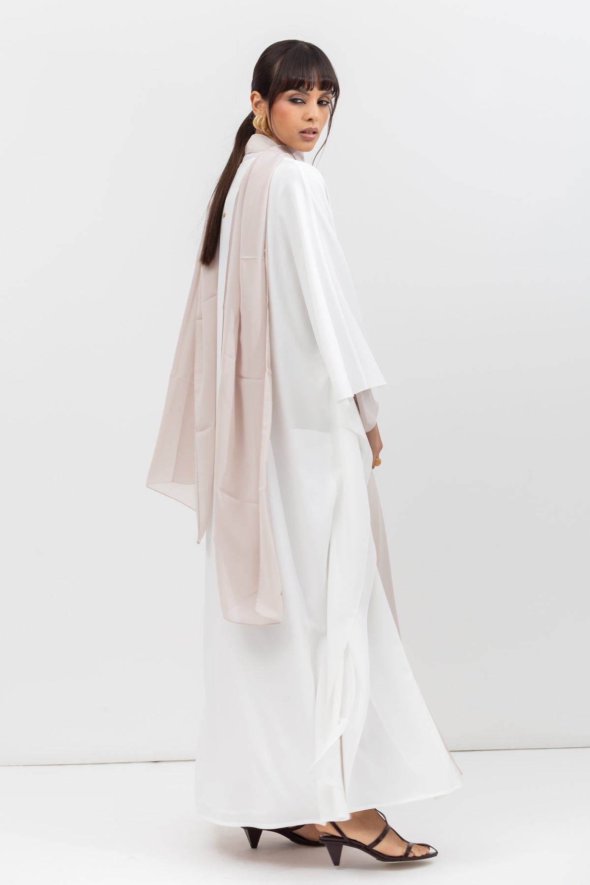 Double Flow Abaya with Beige Collar in Ivory