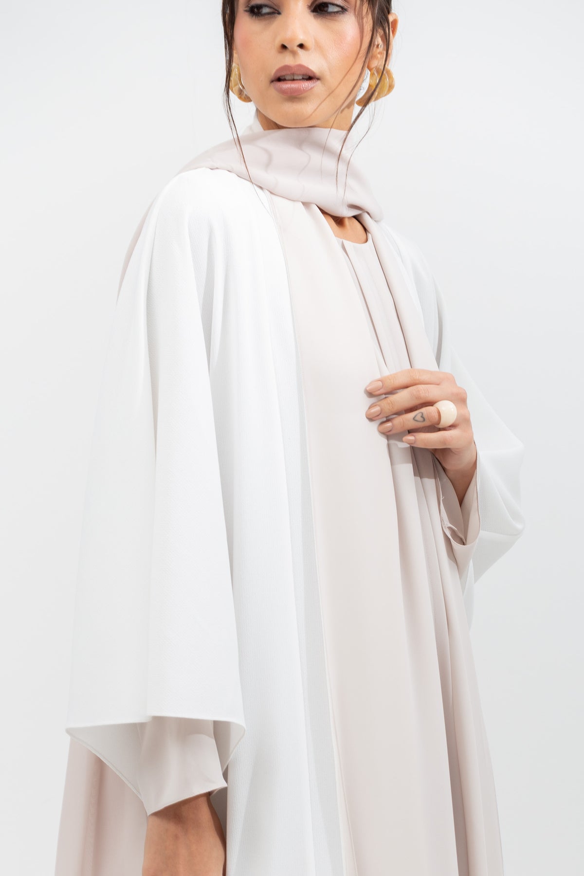 Double Flow Abaya with Beige Collar in Ivory
