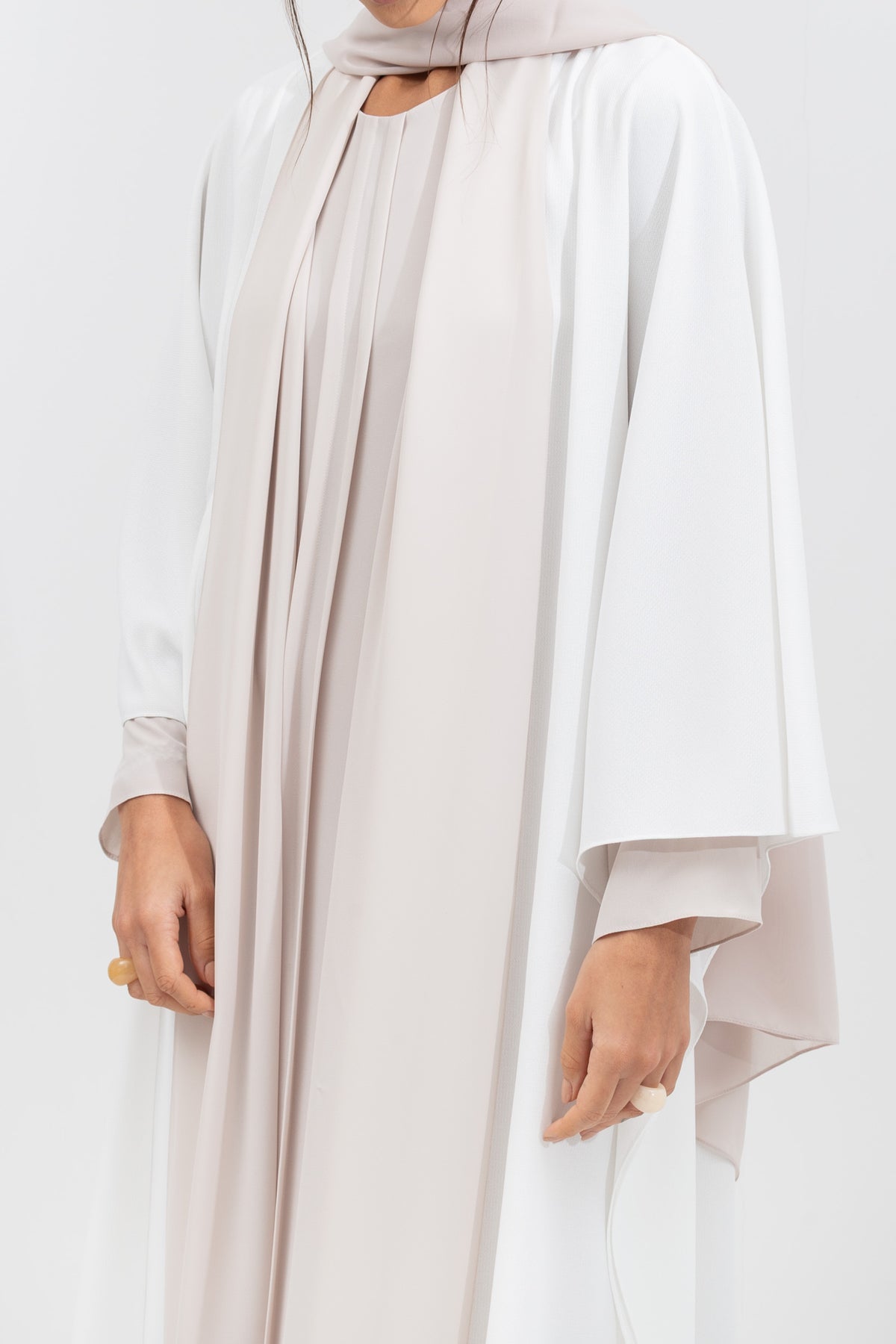 Double Flow Abaya with Beige Collar in Ivory RTW