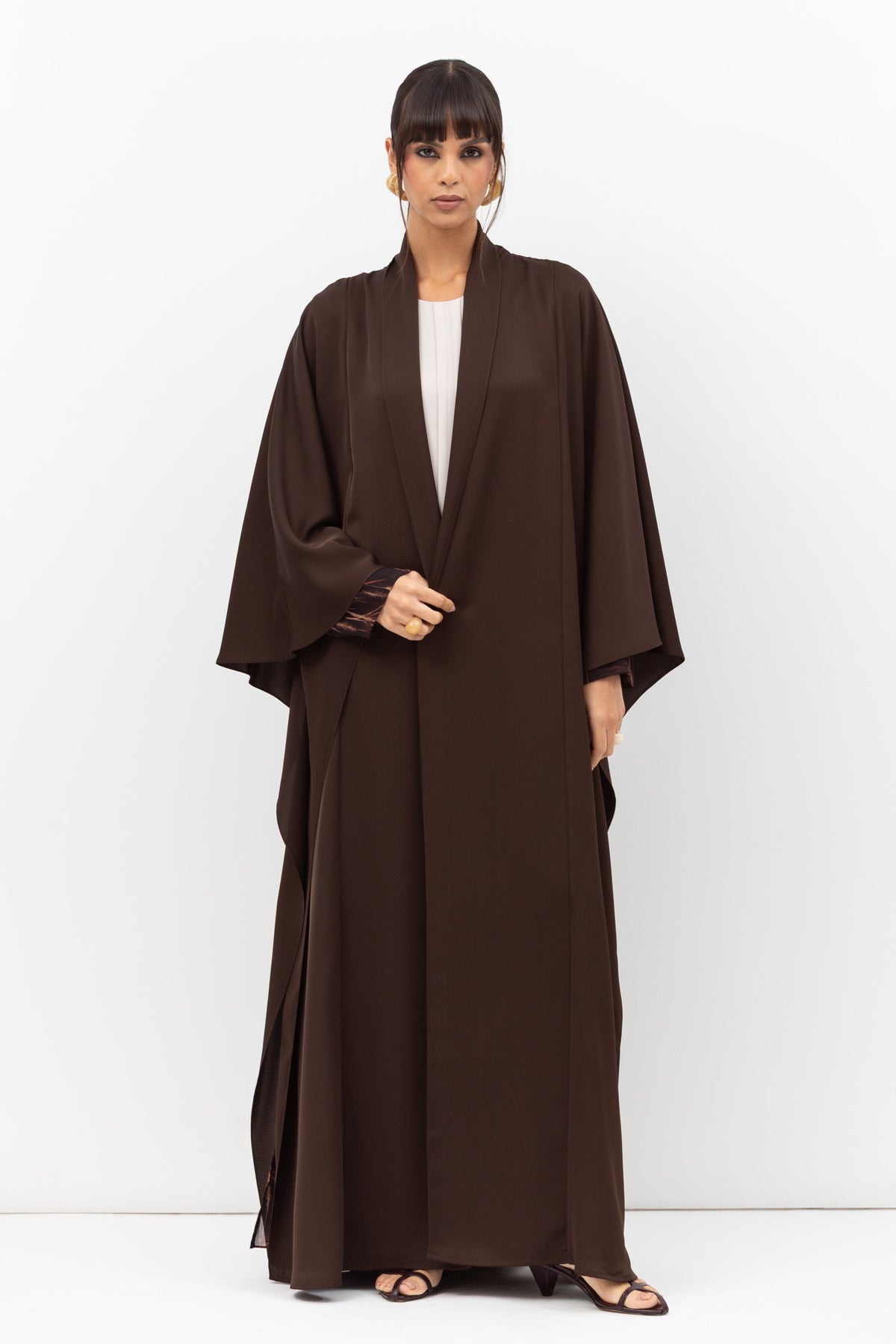 Double Flow Abaya with Printed Lining in Chocolate Brown