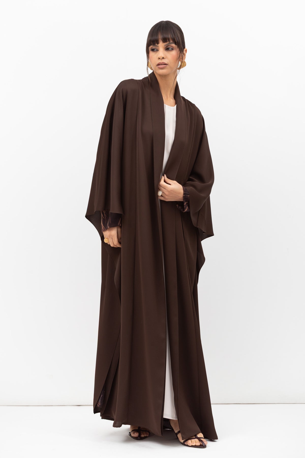 Double Flow Abaya with Printed Lining in Chocolate Brown