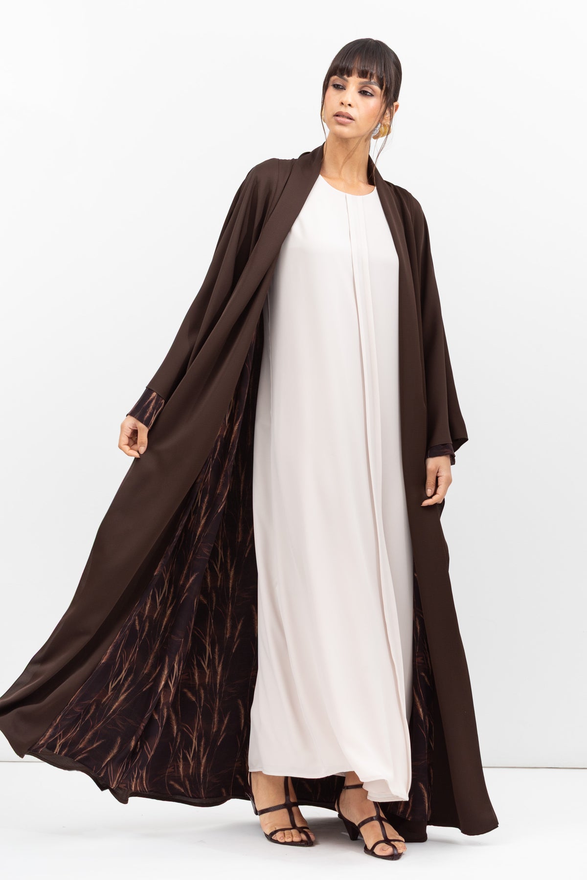 Double Flow Abaya with Printed Lining in Chocolate Brown