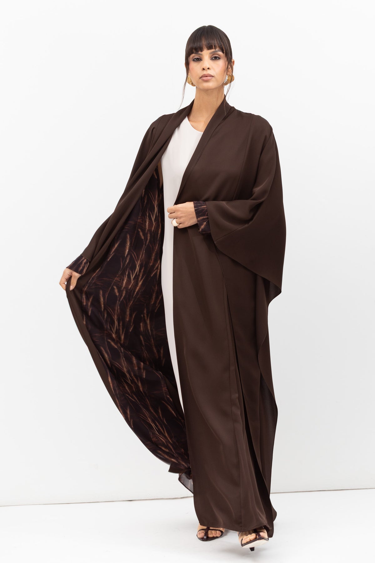 Double Flow Abaya with Printed Lining in Chocolate Brown