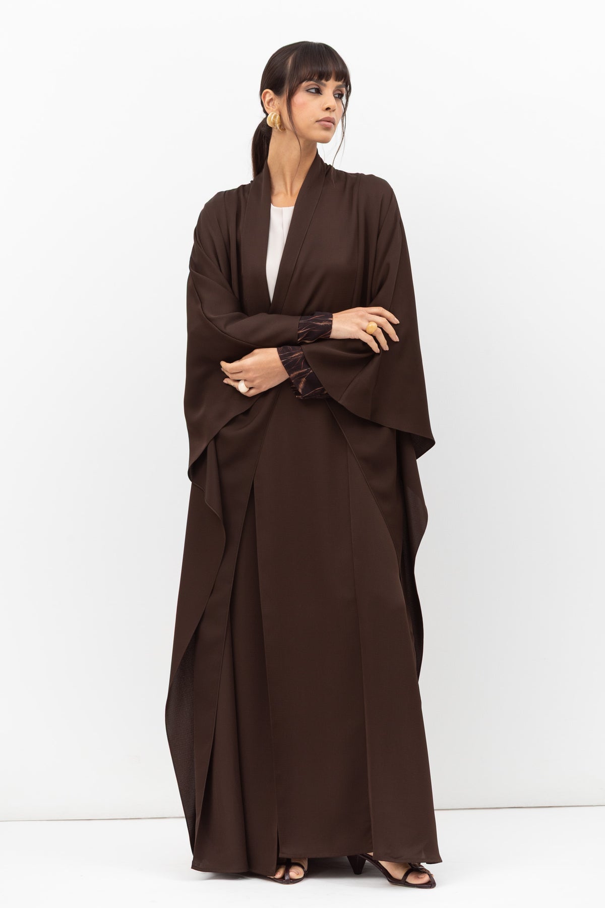 Double Flow Abaya with Printed Lining in Chocolate Brown