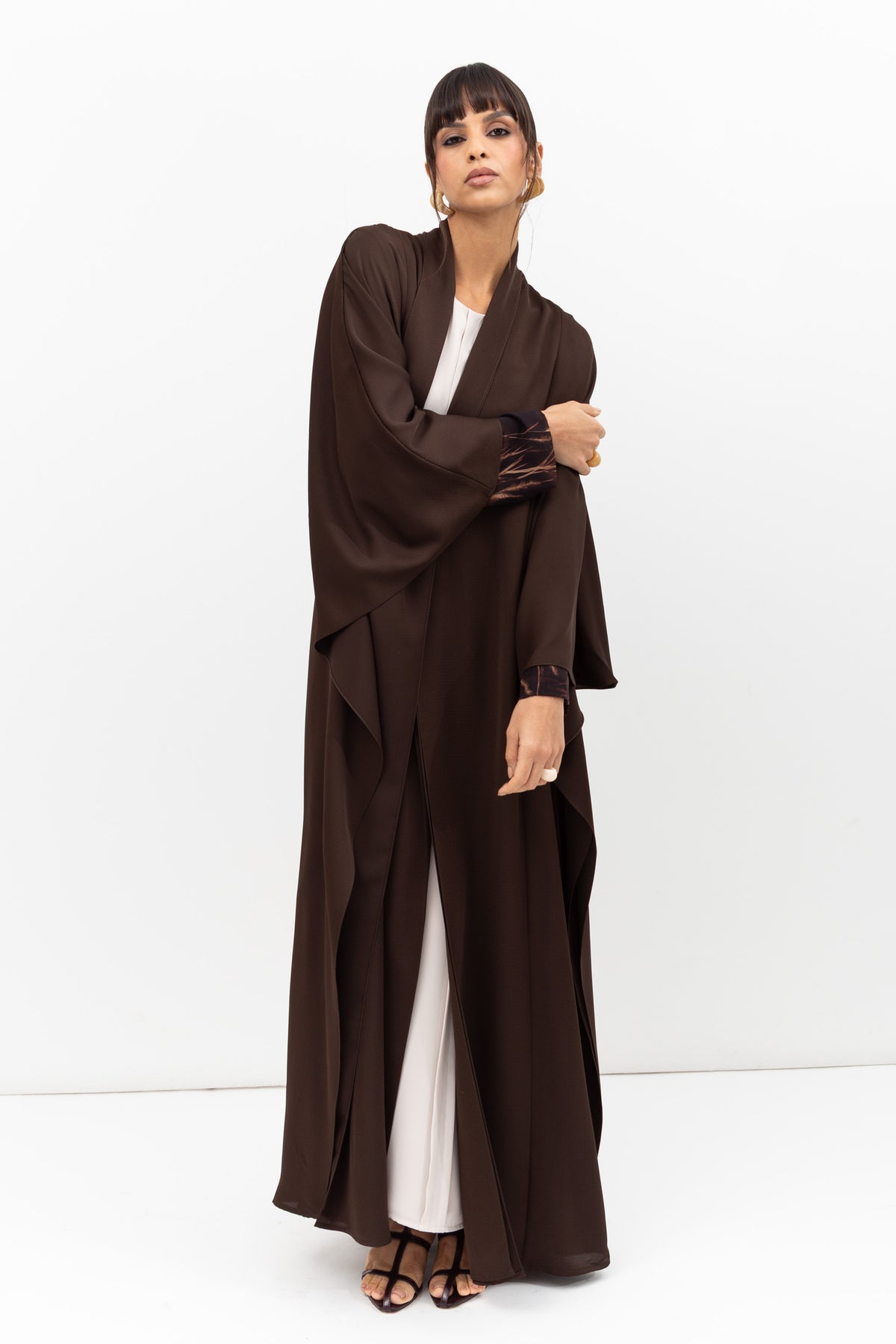 Double Flow Abaya with Printed Lining in Chocolate Brown