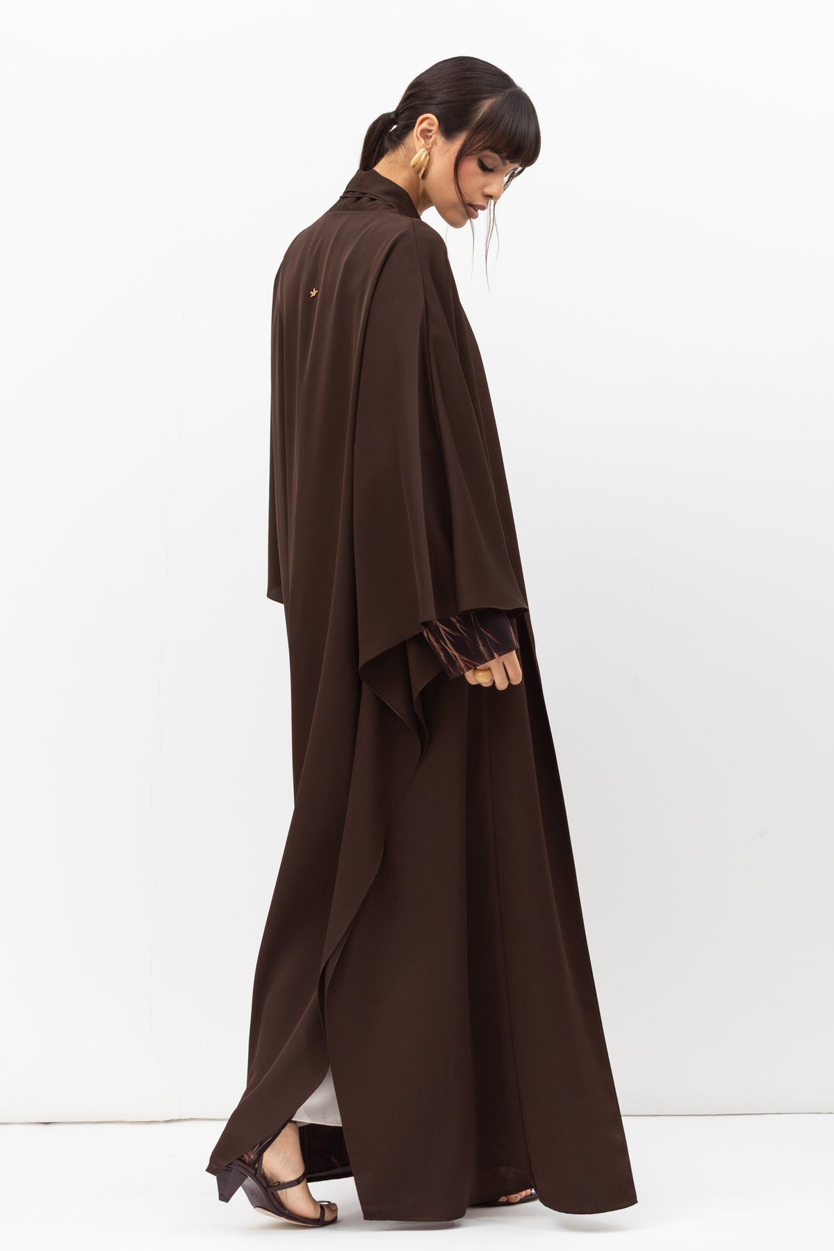 Double Flow Abaya with Printed Lining in Chocolate Brown RTW
