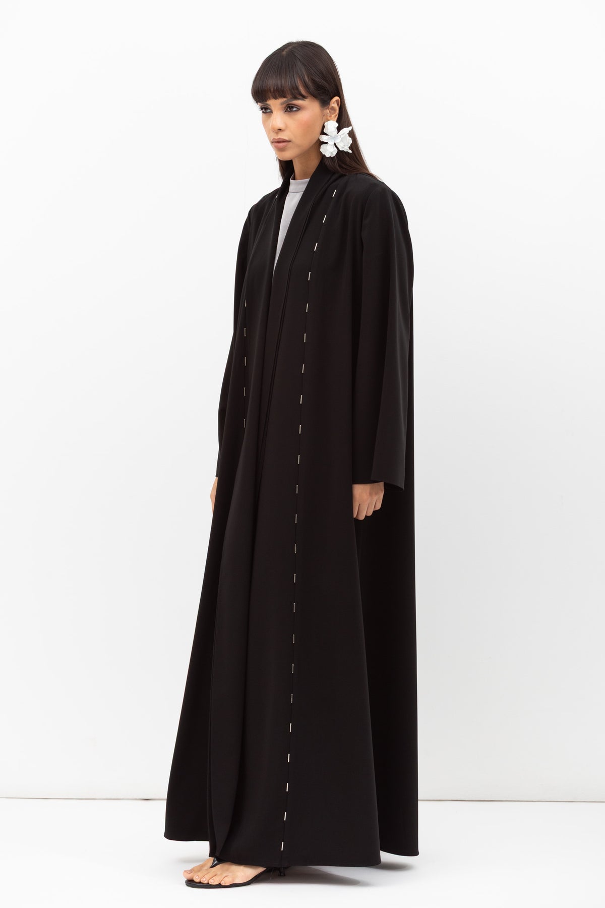 Fluid Shawl Lapel Abaya with Beads Work in Black RTW