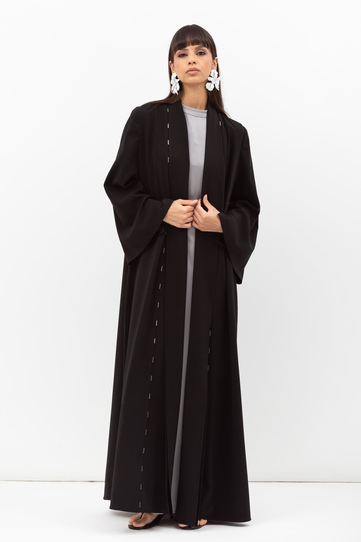 Fluid Shawl Lapel Abaya with Beads Work in Black RTW