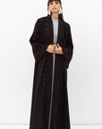 Fluid Shawl Lapel Abaya with Beads Work in Black RTW