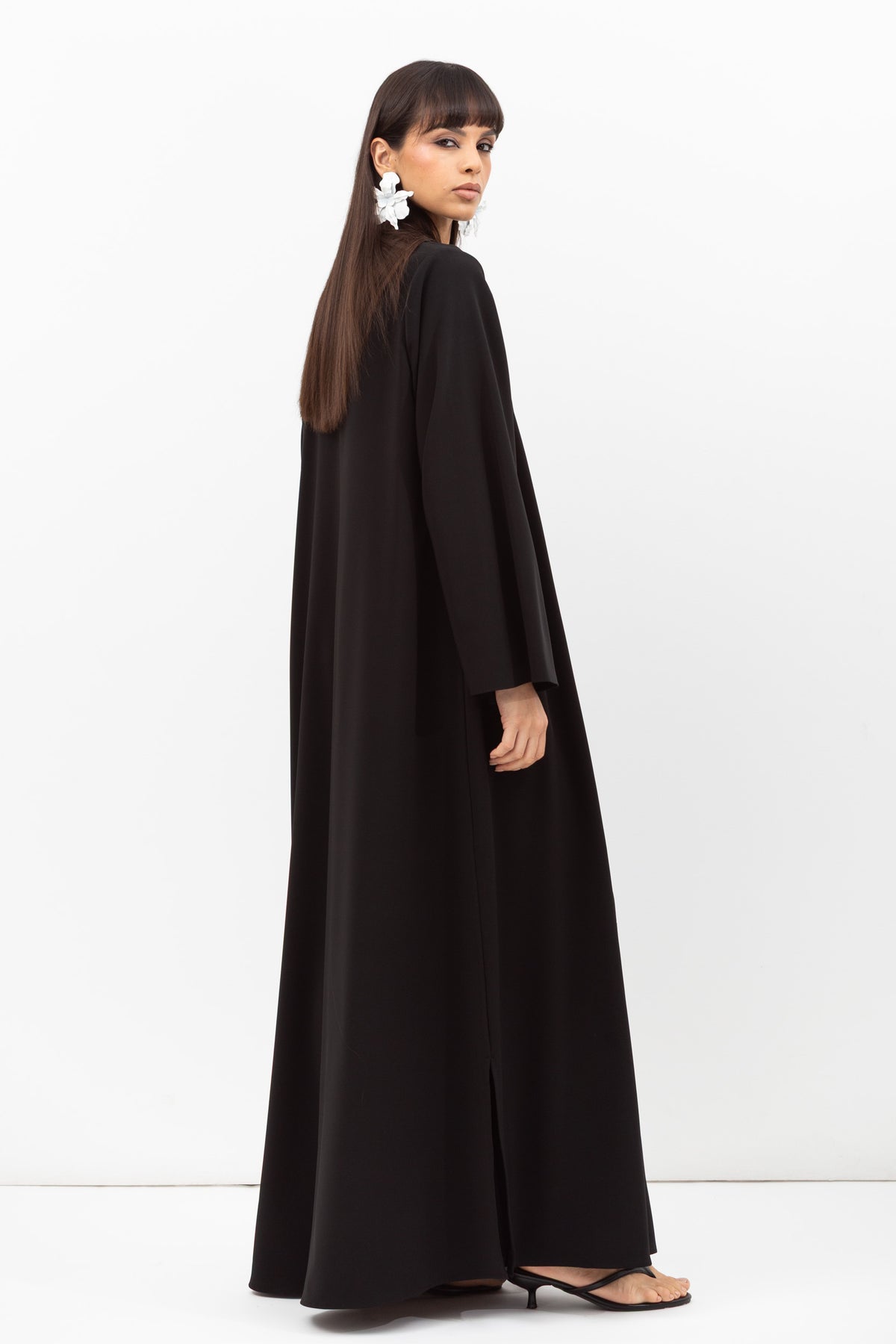 Fluid Shawl Lapel Abaya with Beads Work in Black RTW