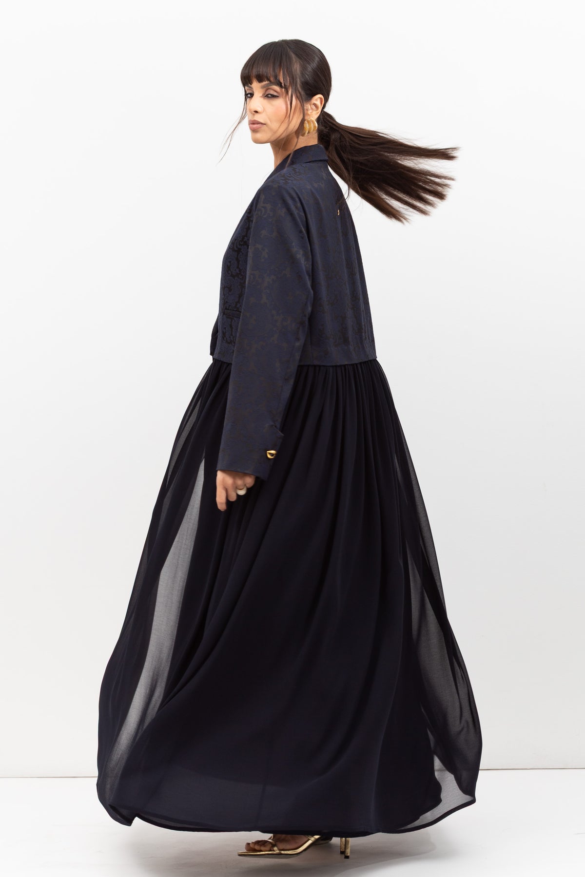 Top Jacket Abaya in Navy Jacquard