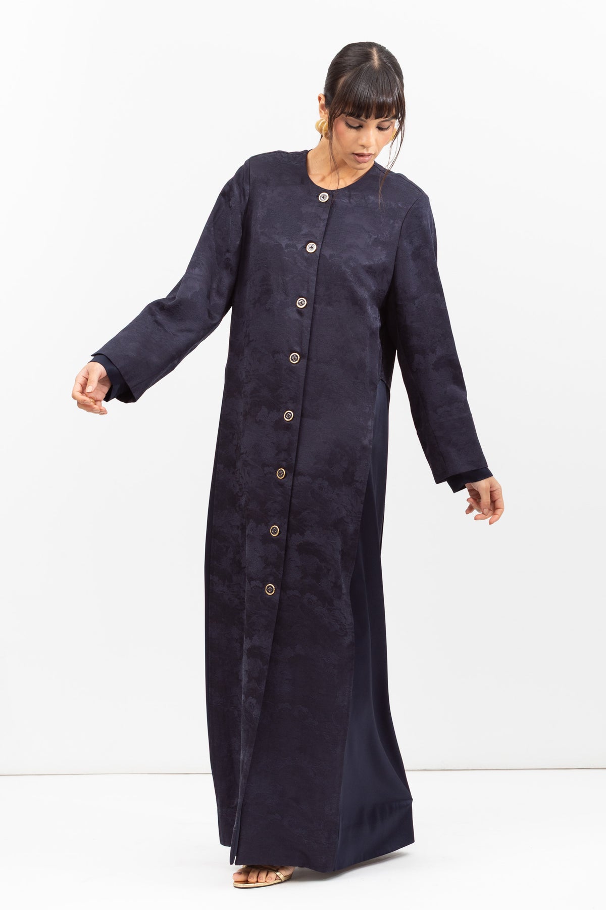 Front Closing Jacquard Abaya in Navy Blue RTW