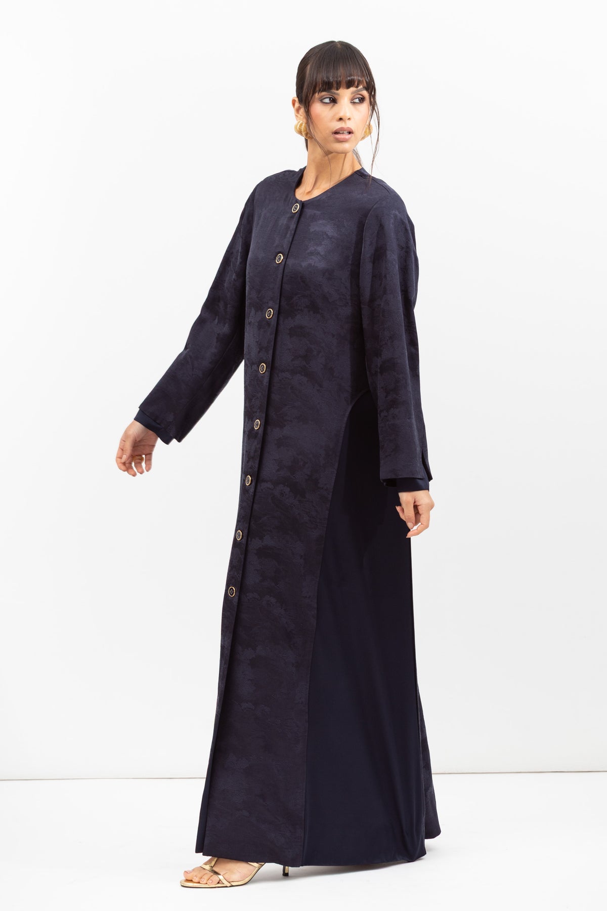 Front Closing Jacquard Abaya in Navy Blue