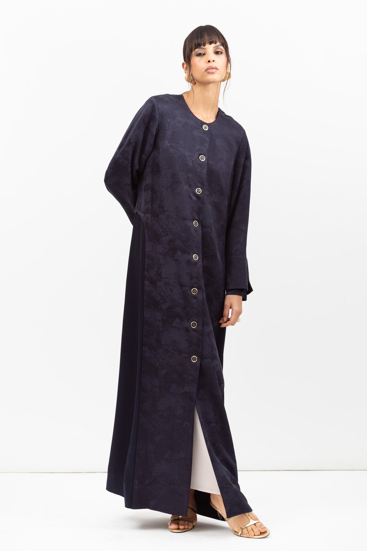 Front Closing Jacquard Abaya in Navy Blue RTW