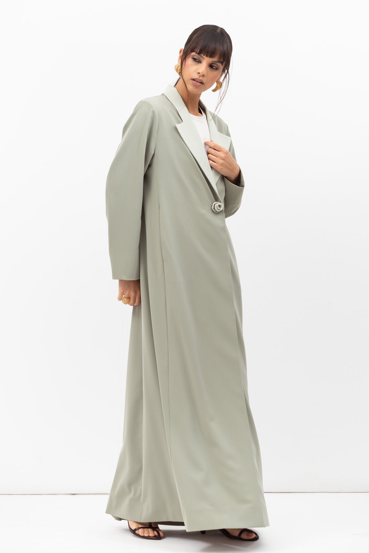 Tuxedo Abaya with Flower Button in Pastel Green RTW