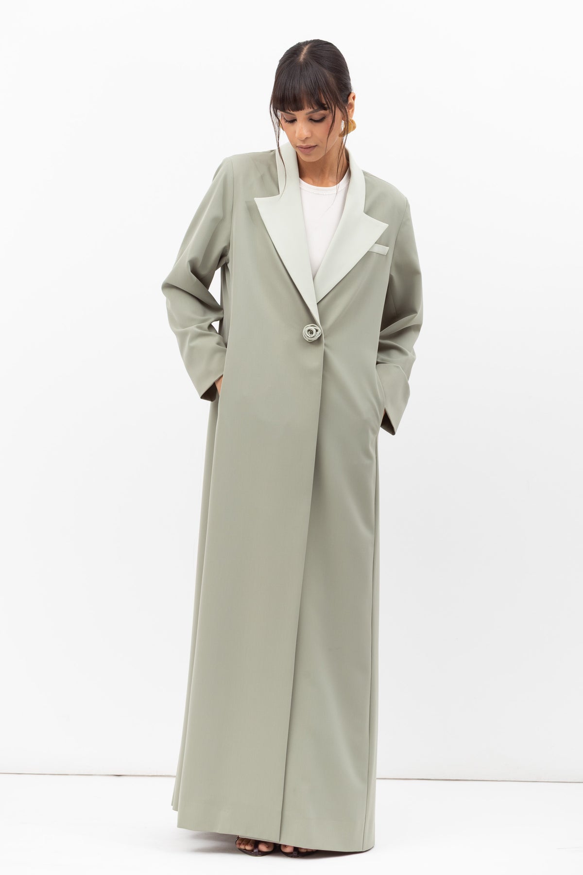 Tuxedo Abaya with Flower Button in Pastel Green RTW