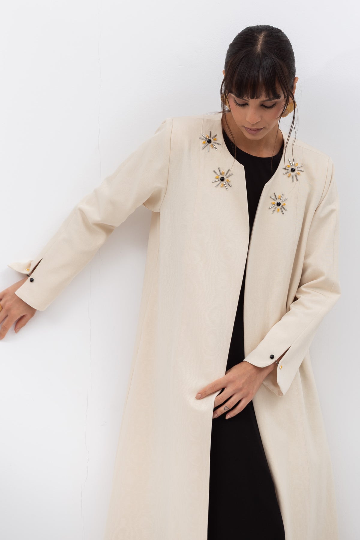 Embellished Front Abaya in Beige