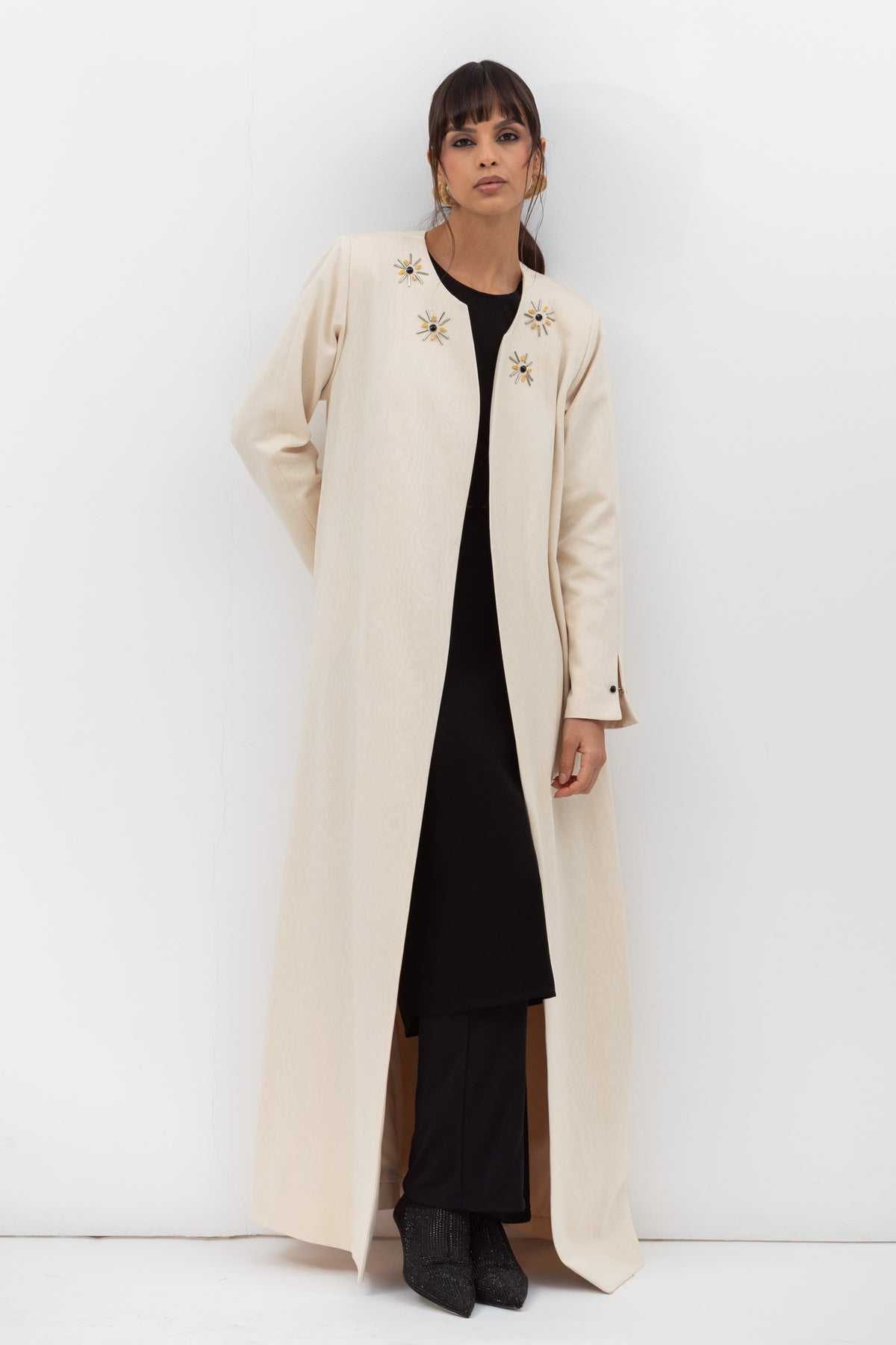 Embellished Front Abaya in Beige