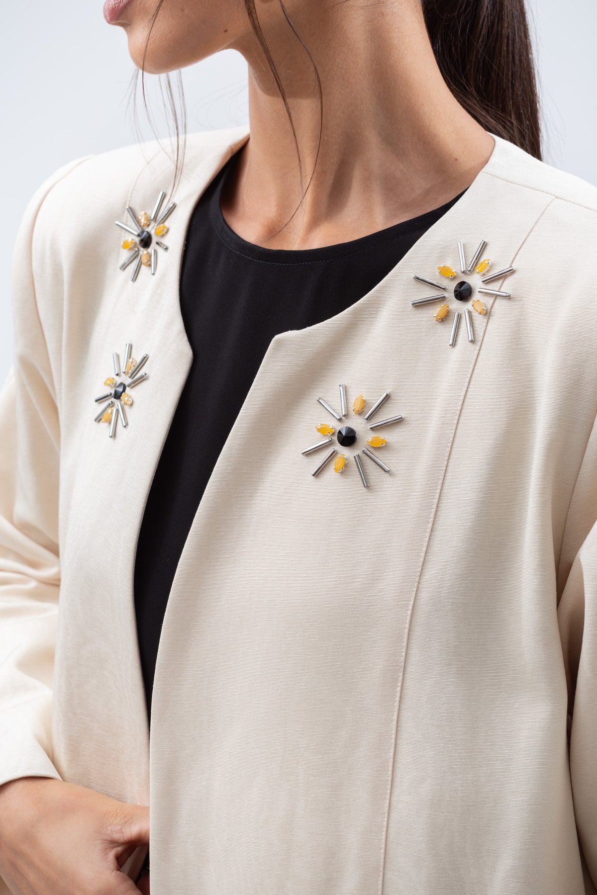 Embellished Front Abaya in Beige RTW
