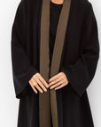 Winter Shawl Lapel Abaya with Olive Green Collar in Black