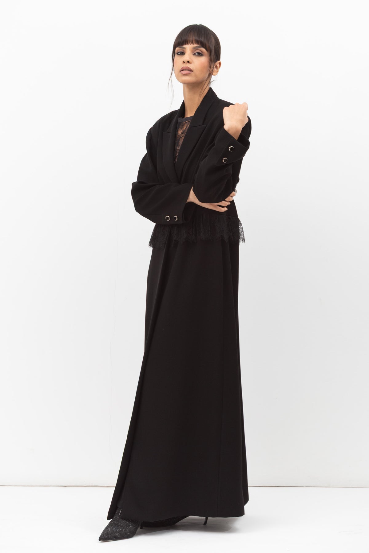 Tuxedo Abaya with Lace Belt in Black