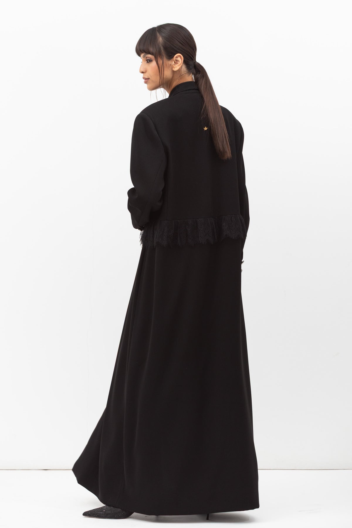 Tuxedo Abaya with Lace Belt in Black