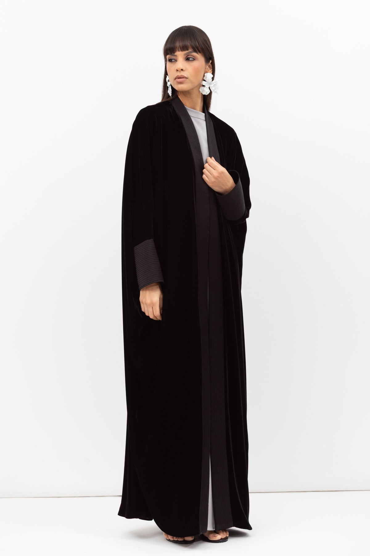 Velvet Butterfly Abaya with Quilted Details in Black RTW
