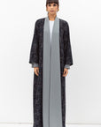 Fluid Shawl Lapel Abaya in Printed Dark Blue