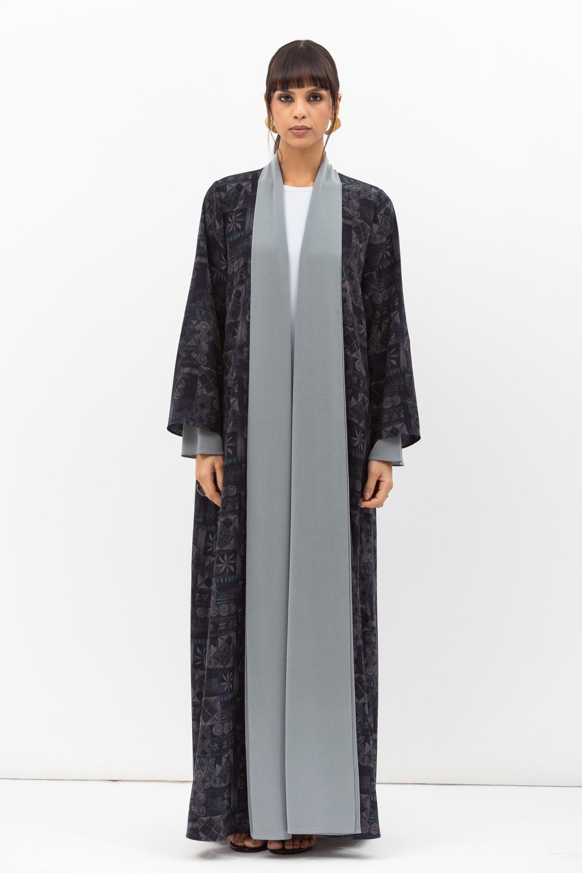 Fluid Shawl Lapel Abaya in Printed Dark Blue RTW
