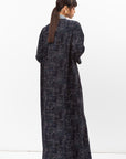 Fluid Shawl Lapel Abaya in Printed Dark Blue RTW